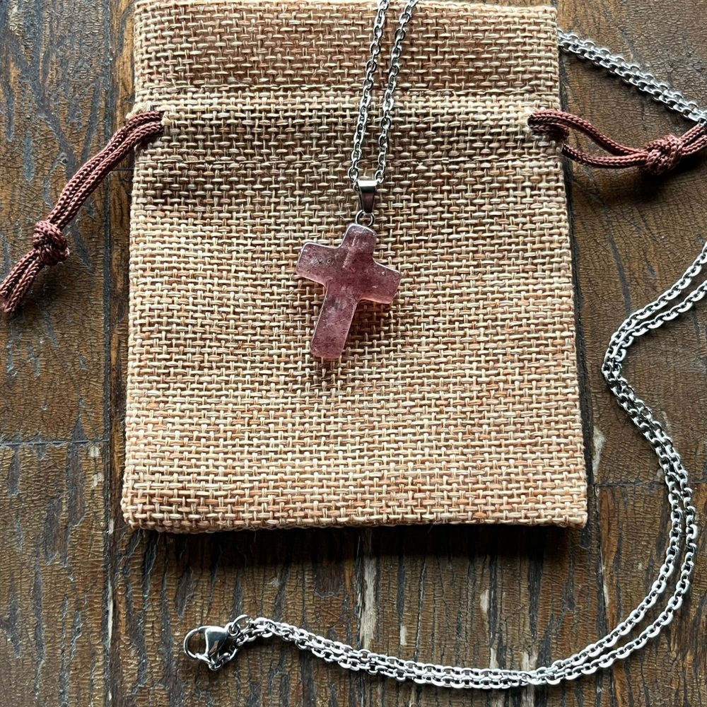 Strawberry Quartz Cross Necklace Quartz Necklace Genuine Crystal Necklace